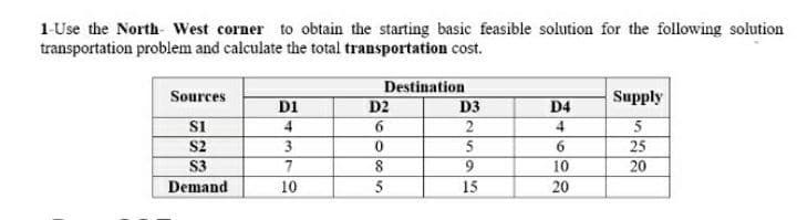 1-Use the North West corner to obtain the starting basic feasible solution for the following solution
transportation problem and calculate the total transportation cost.
Destination
Sources
Supply
D1
D4
81
4
4
5
3
6
25
7
10
20
10
20
S2
83
Demand
D2
6
0
8
5
D3
2
5
9
15