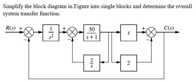 Simplify the block diagram in Figure into single blocks and determine the overall
system transfer function.
R(S) +
50
s+1
2
S
S
2
C(s)