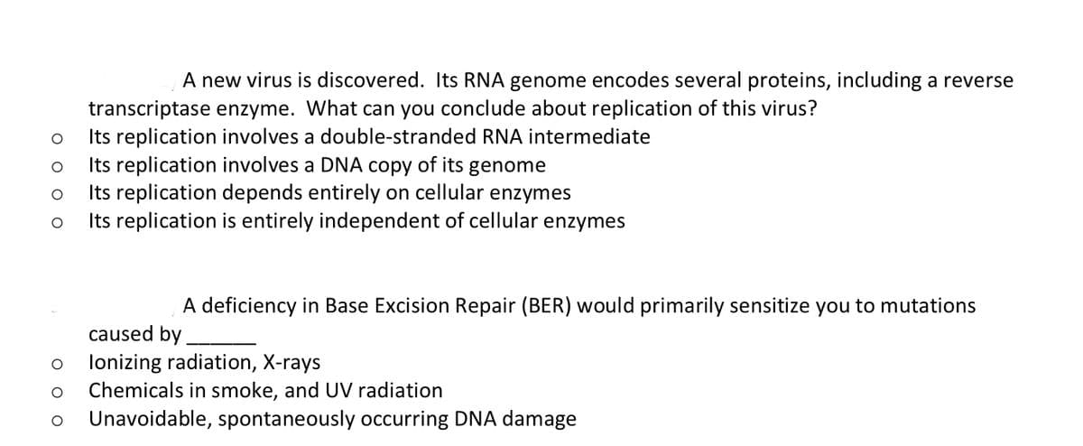 O
O
O
A new virus is discovered. Its RNA genome encodes several proteins, including a reverse
transcriptase enzyme. What can you conclude about replication of this virus?
Its replication involves a double-stranded RNA intermediate
Its replication involves a DNA copy of its genome
Its replication depends entirely on cellular enzymes
Its replication is entirely independent of cellular enzymes
00
A deficiency in Base Excision Repair (BER) would primarily sensitize you to mutations
caused by
radiation, X-rays
O Chemicals in smoke, and UV radiation
O Unavoidable, spontaneously occurring DNA damage