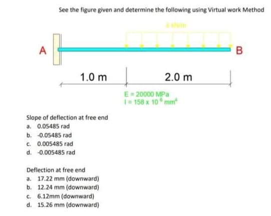 See the figure given and determine the following using Virtual work Method
A
1.0 m
2.0 m
E= 20000 MPa
1= 158 x 10 mm
Slope of deflection at free end
a. 0.05485 rad
b. -0.05485 rad
c. 0.005485 rad
d. -0.005485 rad
Deflection at free end
a. 17.22 mm (downward)
b. 12.24 mm (downward)
c. 6.12mm (downward)
d. 15.26 mm (downward)
