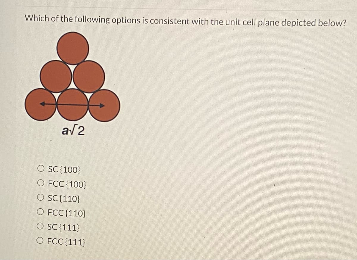 Which of the following options is consistent with the unit cell plane depicted below?
a√2
O SC{100}
O FCC (100)
SC {110}
O FCC (110)
O SC{111}
O FCC (111)