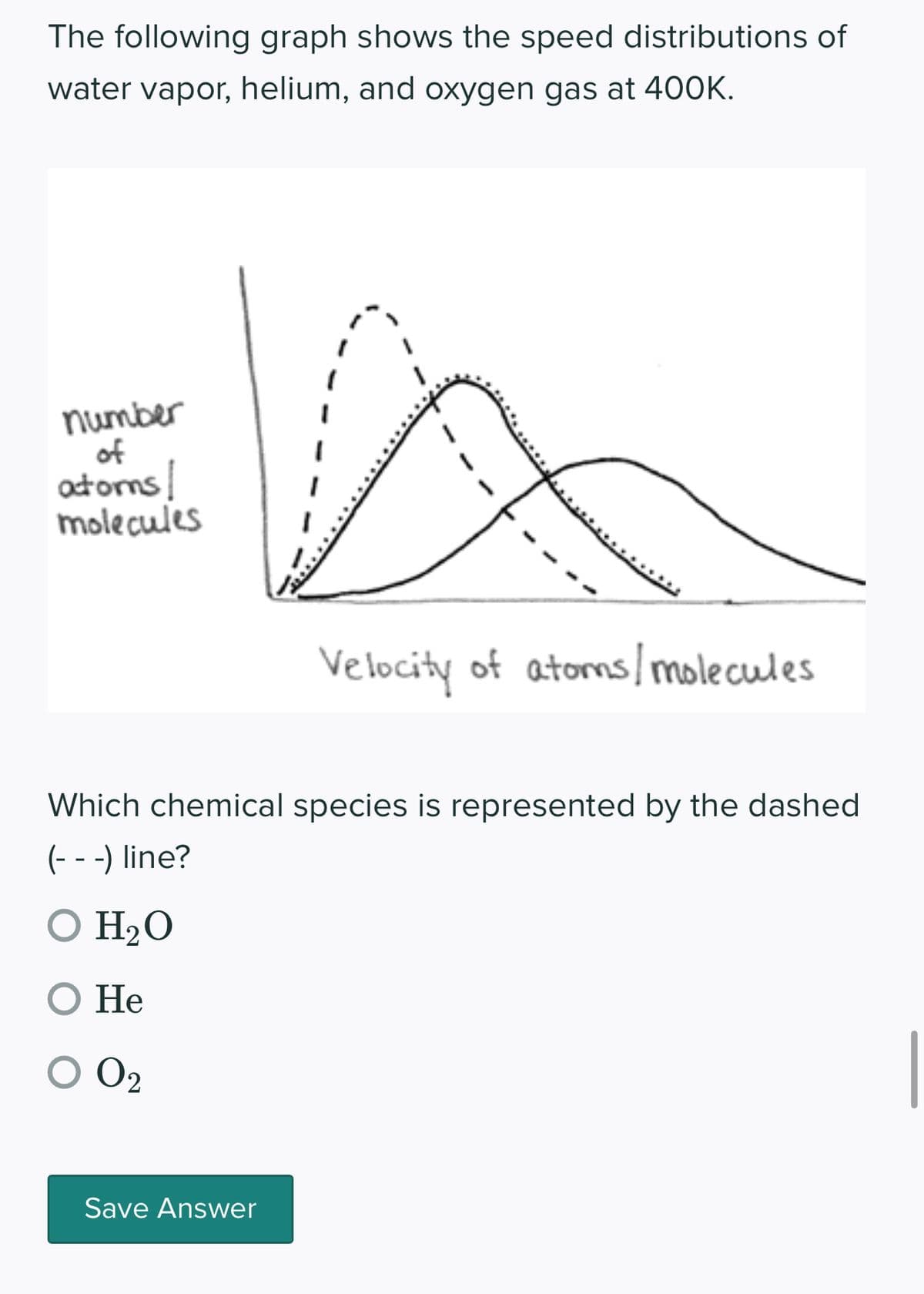 The following graph shows the speed distributions of
water vapor, helium, and oxygen gas at 400K.
number
of
atoms!
molecules
(
1
Save Answer
1
Velocity of atoms/molecules
Which chemical species is represented by the dashed
(- - -) line?
O H₂O
O He
O 0₂