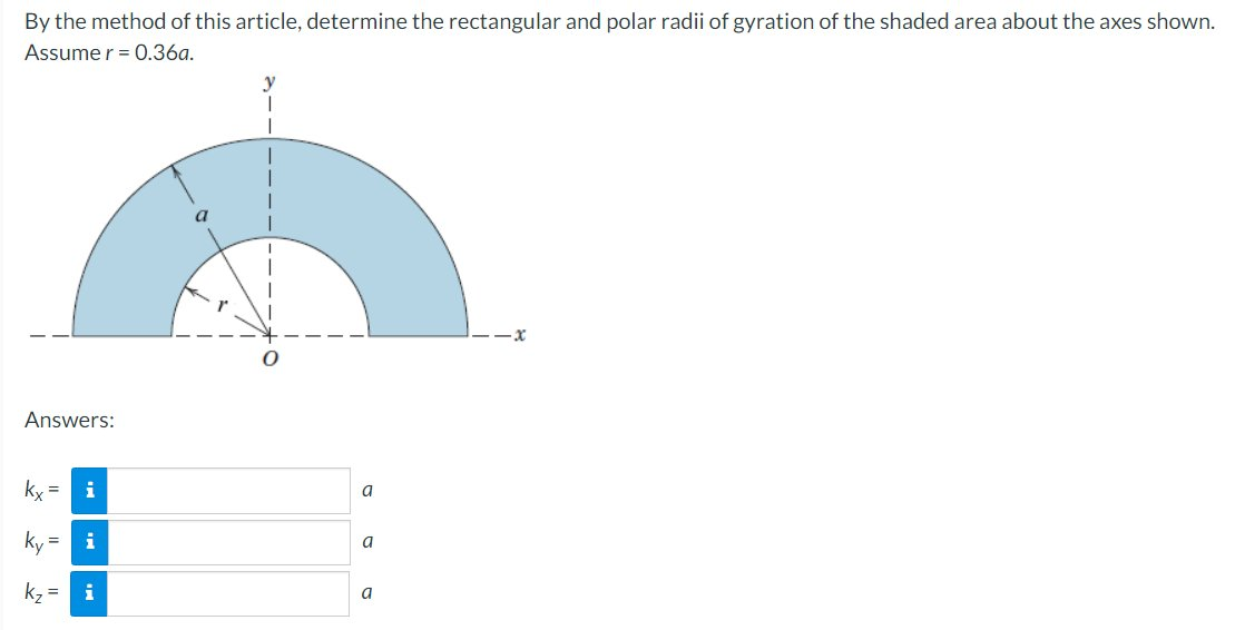 By the method of this article, determine the rectangular and polar radii of gyration of the shaded area about the axes shown.
Assume r = 0.36a.
a
Answers:
ky =
a
ky =
i
a
kz =
i
a
