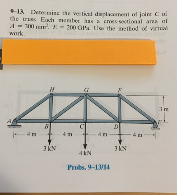 9-13. Determine the vertical displacement of joint C of
the truss. Each member has a cross-sectional area of
A = 300 mm². E= 200 GPa. Use the method of virtual
work.
A
-4 m
H
B
3 kN
4 m
G
C
4 kN
4 m
Probs. 9-13/14
D
3 kN
4m-
3 m
E