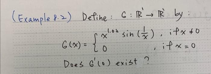 (Example P.2) Define: G:R→ R
xlod sin ) ifx+0
ifx = 0
by:
1.02
Glx) = { 6
%3D
Does G'co) exist ?
