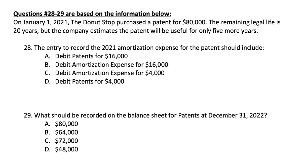 Questions #28-29 are based on the information below:
On January 1, 2021, The Donut Stop purchased a patent for $80,000. The remaining legal life is
20 years, but the company estimates the patent will be useful for only five more years.
28. The entry to record the 2021 amortization expense for the patent should include:
A. Debit Patents for $16,000
B. Debit Amortization Expense for $16,000
C. Debit Amortization Expense for $4,000
D. Debit Patents for $4,000
29. What should be recorded on the balance sheet for Patents at December 31, 2022?
A. $80,000
B. $64,000
C. $72,000
D. $48,000