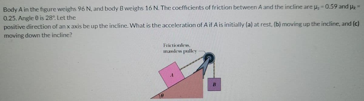 Body A in the figure weighs 96 N, and body B weighs 16 N. The coefficients of friction between A and the incline are us = 0.59 and Uk=
0.25. Angle 8 is 28°. Let the
positive direction of an x axis be up the incline. What is the acceleration of A if A is initially (a) at rest, (b) moving up the incline, and (c)
moving down the incline?
Frictionless.
massless pulley
8
B