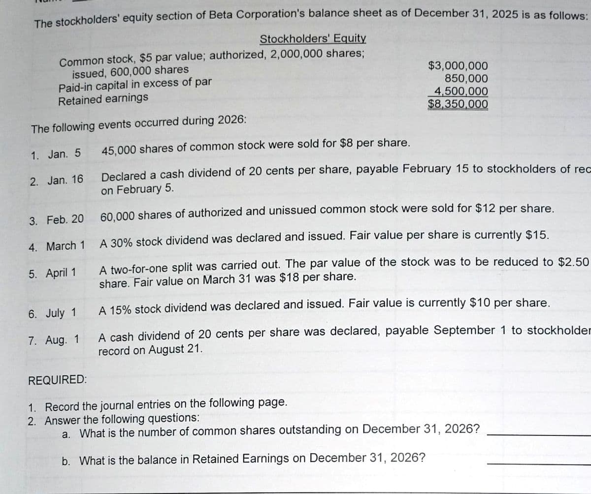 The stockholders' equity section of Beta Corporation's balance sheet as of December 31, 2025 is as follows:
Stockholders' Equity
Common stock, $5 par value; authorized, 2,000,000 shares;
issued, 600,000 shares
Paid-in capital in excess of par
Retained earnings
The following events occurred during 2026:
1. Jan. 5
2. Jan. 16
3. Feb. 20
4. March 1
5. April 1
6. July 1
7. Aug. 1
$3,000,000
850,000
4,500,000
$8,350,000
45,000 shares of common stock were sold for $8 per share.
Declared a cash dividend of 20 cents per share, payable February 15 to stockholders of rec
on February 5.
60,000 shares of authorized and unissued common stock were sold for $12 per share.
A 30% stock dividend was declared and issued. Fair value per share is currently $15.
A two-for-one split was carried out. The par value of the stock was to be reduced to $2.50
share. Fair value on March 31 was $18 per share.
A 15% stock dividend was declared and issued. Fair value is currently $10 per share.
A cash dividend of 20 cents per share was declared, payable September 1 to stockholder
record on August 21.
REQUIRED:
1. Record the journal entries on the following page.
2. Answer the following questions:
a. What is the number of common shares outstanding on December 31, 2026?
b. What is the balance in Retained Earnings on December 31, 2026?