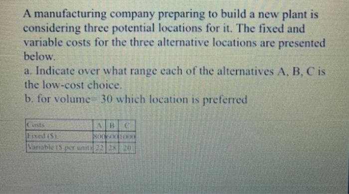 A manufacturing company preparing to build a new plant is
considering three potential locations for it. The fixed and
variable costs for the three alternative locations are presented
below.
a. Indicate over what range each of the alternatives A, B, C is
the low-cost choice.
b. for volume- 30 which location is preferred
Costs
ABC
Fixed (S).
Vanable 1S per unit 22 2820
1000
