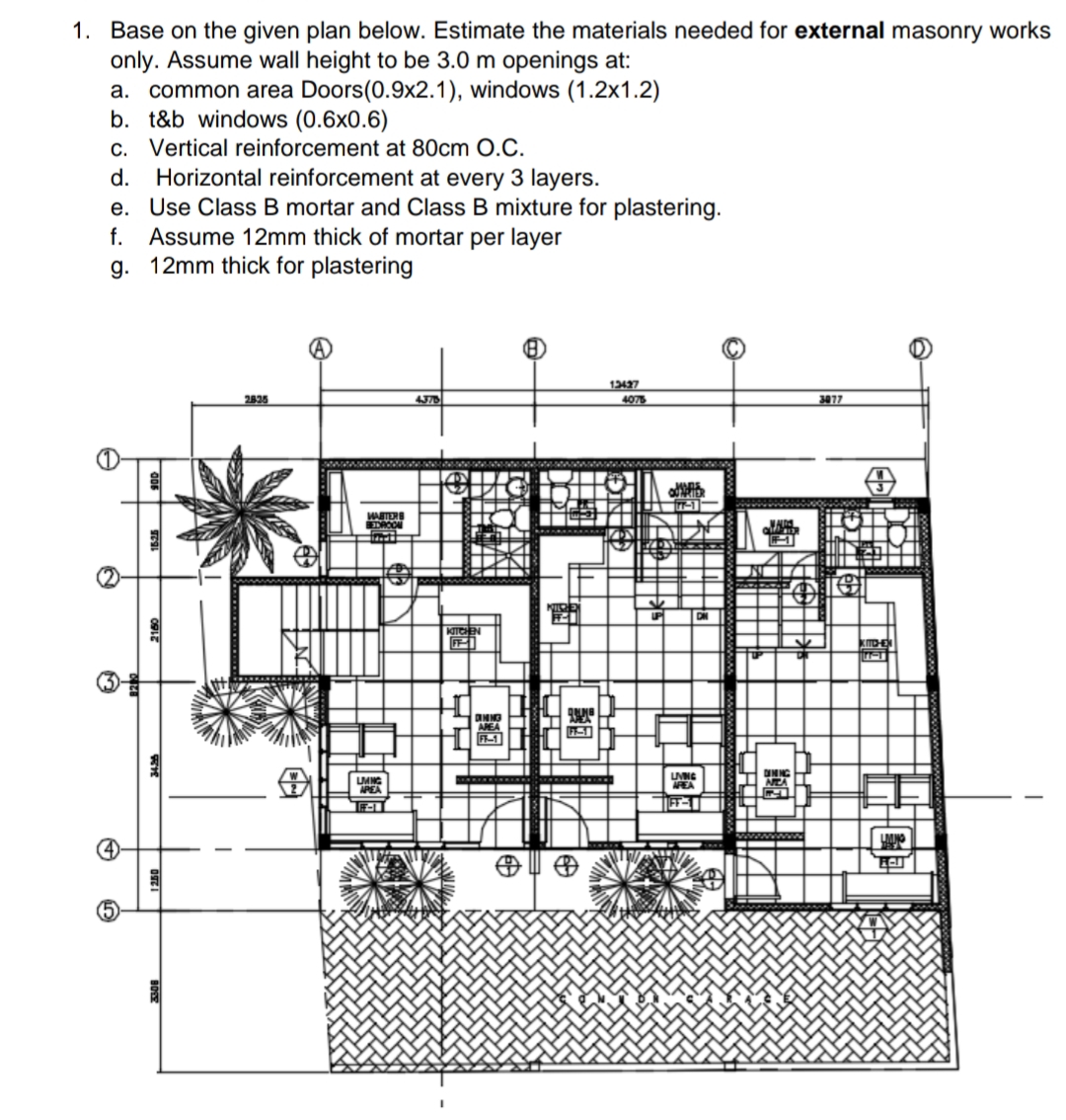 1. Base on the given plan below. Estimate the materials needed for external masonry works
only. Assume wall height to be 3.0 m openings at:
a. common area Doors(0.9x2.1), windows (1.2x1.2)
b. t&b windows (0.6x0.6)
c. Vertical reinforcement at 80cm 0.C.
Horizontal reinforcement at every 3 layers.
e. Use Class B mortar and Class B mixture for plastering.
Assume 12mm thick of mortar per layer
g. 12mm thick for plastering
d.
f.
13427
2835
4076
3077
WASTERS
KITCHE
APEA
UMNG
APEA
UMNG
FEA
MEA
