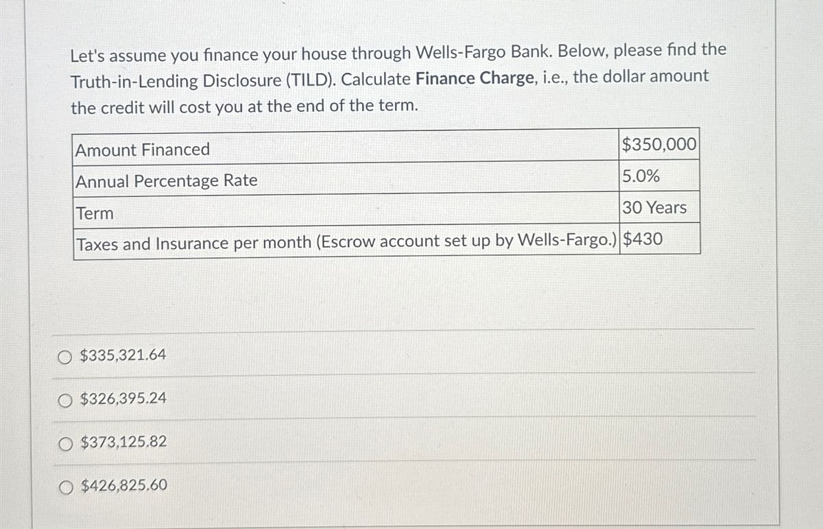 Let's assume you finance your house through Wells-Fargo Bank. Below, please find the
Truth-in-Lending Disclosure (TILD). Calculate Finance Charge, i.e., the dollar amount
the credit will cost you at the end of the term.
Amount Financed
Annual Percentage Rate
Term
$350,000
5.0%
30 Years
Taxes and Insurance per month (Escrow account set up by Wells-Fargo.) $430
$335,321.64
$326,395.24
O $373,125.82
O $426,825.60