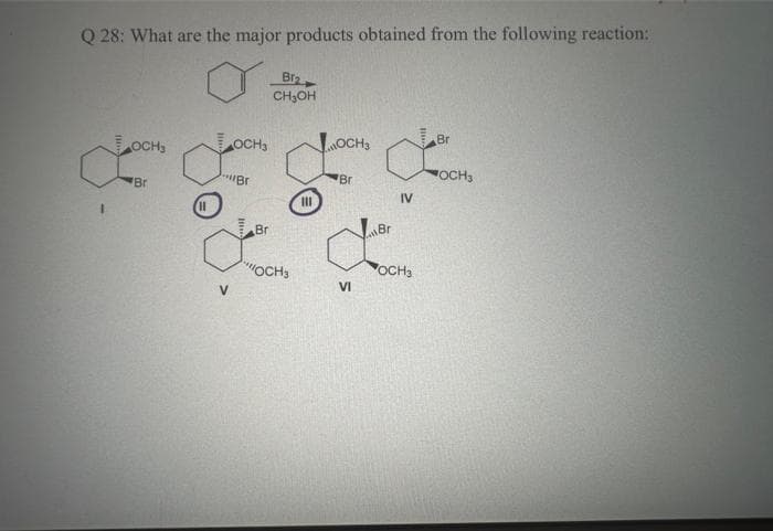 Q 28: What are the major products obtained from the following reaction:
Br₂
CH₂OH
OCH3
Br
OCH3
"""Br
Br
g
Br
III
OCH3
OCH3
VI
Br
LCH₂
OCH3
Br
IV
OCH3