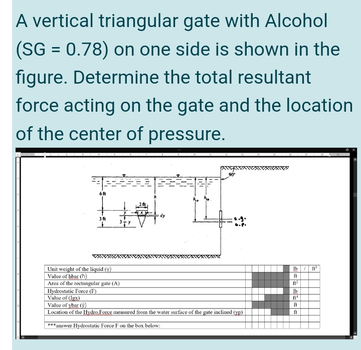 A vertical triangular gate with Alcohol
(SG = 0.78) on one side is shown in the
figure. Determine the total resultant
force acting on the gate and the location
of the center of pressure.
+dy
3ft
Unit weight of the liquid (y)
Value of hbar (h)
Area of the rectangular gate (A)
Hydrostatic Force (F)
Value of (Igx)
Value of ybar (9)
Location of the Hydro.Force measured from the water surface of the gate inclined (yp)
Ib/ f
ft
ft
lb
fi
ft
ft
***answer Hydrostatic Force F on the box below:
