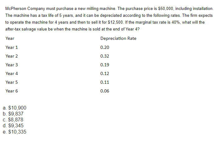 McPherson Company must purchase a new milling machine. The purchase price is $50,000, including installation.
The machine has a tax life of 5 years, and it can be depreciated according to the following rates. The firm expects
to operate the machine for 4 years and then to sell it for $12,500. If the marginal tax rate is 40%, what will the
after-tax salvage value be when the machine is sold at the end of Year 4?
Depreciation Rate
Year
Year 1
Year 2
Year 3
Year 4
Year 5
Year 6
a. $10,900
b. $9,837
c. $8,878
d. $9,345
e. $10,335
0.20
0.32
0.19
0.12
0.11
0.06