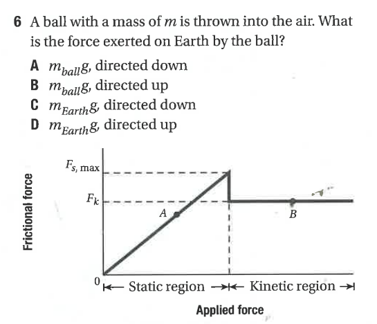 6 A ball with a mass of m is thrown into the air. What
is the force exerted on Earth by the ball?
A mballg, directed down
Bmballg, directed up
CmEarth& directed down
Dm Earth, directed up
Frictional force
Fs, max
Fk
A
B
K-Static region →→→ Kinetic region →
Applied force