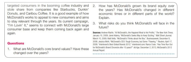 targeted consumers in the booming coffee industry and 2. How has McDonald's grown its brand equity over
stole share from companies like Starbucks, Dunkin'
Donuts, and Caribou Coffee. It is a good example of how
McDonald's works to appeal to new consumers and aims
to stay relevant through the years. Its current campaign, 3. What risks do you think McDonald's will face in the
"I'm Lovin' It," seems to connect with McDonald's large
consumer base and koep them coming back again and
again.
the years? Has McDonald's changed in different
economic times or in different parts of the world?
Explain.
future?
Sources: Andrew Marin, "A MDorakds, the Hepiet Meal is Hot Protts," The New Kk Times.
Janury 10, 2000, Jaret Adamy "MDarakts Seka iry to Keep Sizting aN Shreet umat
Mach 10. 2009. Mat verlu, "McDonaits Thirka abaut the Bo" Businesmeek, Decenber 8.
2000. Jessika Wo, TADonaids CEO: Taugh Economy, but Some Thastig." eulers. April 17.
200 "ertrands Best Ghal Brands 2012 ntertrant con Hance Crain "Has Tine Run Out
Questions
1. What are McDonald's core brand values? Have these
changed over the years?
tor MDerai Brand Cvanicde ater 10 yeara" Ad Apn. Decenter 2. 2013, MeDanaids 2012
Amal eport
