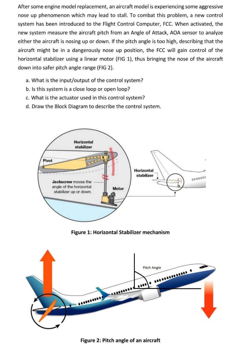 After some engine model replacement, an aircraft model is experiencing some aggressive
nose up phenomenon which may lead to stall. To combat this problem, a new control
system has been introduced to the Flight Control Computer, FCC. When activated, the
new system measure the aircraft pitch from an Angle of Attack, AOA sensor to analyze
either the aircraft is nosing up or down. If the pitch angle is too high, describing that the
aircraft might be in a dangerously nose up position, the FCC will gain control of the
horizontal stabilizer using a linear motor (FIG 1), thus bringing the nose of the aircraft
down into safer pitch angle range (FIG 2).
a. What is the input/output of the control system?
b. Is this system is a close loop or open loop?
c. What is the actuator used in this control system?
d. Draw the Block Diagram to describe the control system.
Horizontal
stabilizer
Pivot
Horizontal
stabilizer
000000c
Jackscrew moves the
angle of the horizontal
stabilizer up or down.
Motor
Figure 1: Horizontal Stabilizer mechanism
Pitch Angle
Figure 2: Pitch angle of an aircraft
