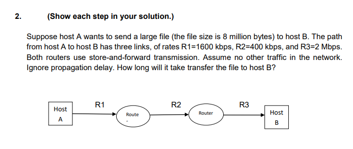 2.
(Show each step in your solution.)
Suppose host A wants to send a large file (the file size is 8 million bytes) to host B. The path
from host A to host B has three links, of rates R1=1600 kbps, R2=400 kbps, and R3=2 Mbps.
Both routers use store-and-forward transmission. Assume no other traffic in the network.
Ignore propagation delay. How long will it take transfer the file to host B?
R1
R2
R3
Host
Router
Host
Route
A
B
