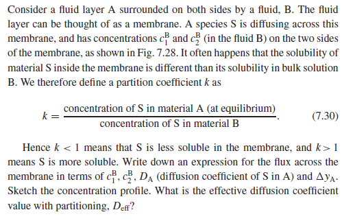 Consider a fluid layer A surrounded on both sides by a fluid, B. The fluid
layer can be thought of as a membrane. A species S is diffusing across this
membrane, and has concentrations c and c (in the fluid B) on the two sides
of the membrane, as shown in Fig. 7.28. It often happens that the solubility of
material S inside the membrane is different than its solubility in bulk solution
B. We therefore define a partition coefficient k as
concentration of S in material A (at equilibrium)
(7.30)
concentration of S in material B
Hence k < 1 means that S is less soluble in the membrane, and k> 1
means S is more soluble. Write down an expression for the flux across the
membrane in terms of c, c, DA (diffusion coefficient of S in A) and Aya.
Sketch the concentration profile. What is the effective diffusion coefficient
value with partitioning, De?
