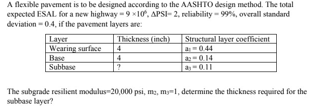 A flexible pavement is to be designed according to the AASHTO design method. The total
expected ESAL for a new highway = 9 x106, APSI= 2, reliability = 99%, overall standard
deviation = 0.4, if the pavement layers are:
Thickness (inch)
Layer
Wearing surface
Base
Subbase
4
4
?
Structural layer coefficient
a₁ = 0.44
a2 = 0.14
a3 = 0.11
The subgrade resilient modulus=20,000 psi, m2, m3=1, determine the thickness required for the
subbase layer?