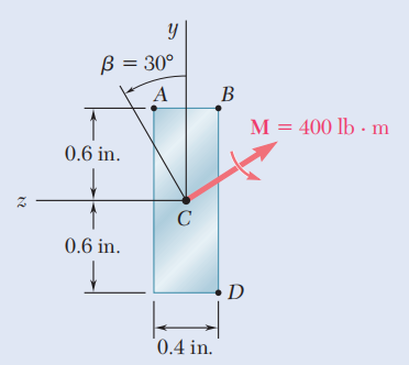12
y
B = 30°
A
0.6 in.
0.6 in.
C
0.4 in.
B
D
M = 400 lb . m