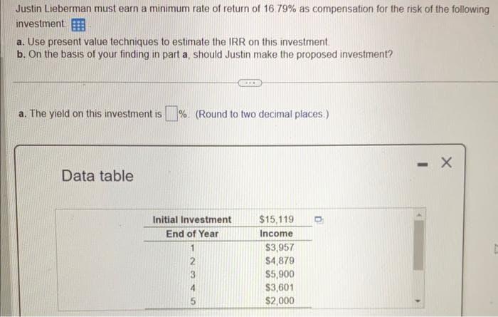 Justin Lieberman must earn a minimum rate of return of 16.79% as compensation for the risk of the following
investment
a. Use present value techniques to estimate the IRR on this investment.
b. On the basis of your finding in part a, should Justin make the proposed investment?
a. The yield on this investment is %. (Round to two decimal places.)
Data table
Initial Investment
End of Year
1
2345
$15,119
Income
$3,957
$4,879
$5,900
$3,601
$2,000
- X
C