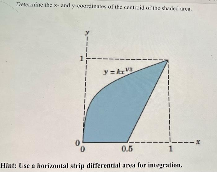 Determine the x- and y-coordinates of the centroid of the shaded area.
0
y
I
I
y = kxus
0
I
0.5
1
Hint: Use a horizontal strip differential area for integration.
I