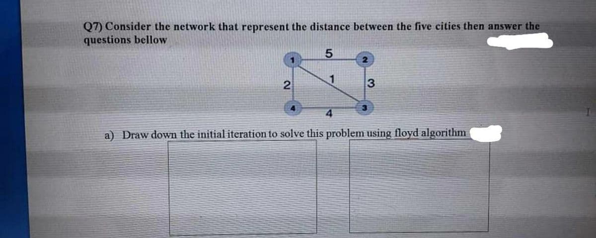 Q7) Consider the network that represent the distance between the five cities then answer the
questions bellow
2.
1
3
a) Draw down the initial iteration to solve this problem using floyd algorithm

