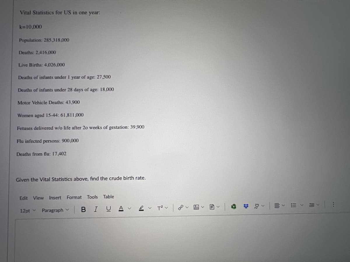 Vital Statistics for US in one year:
k=10,000
Population: 285,318,000
Deaths: 2,416,000
Live Births: 4,026,000
Deaths of infants under 1 year of age: 27,500
Deaths of infants under 28 days of age: 18,000
Motor Vehicle Deaths: 43,900
Women aged 15-44: 61,811,000
Fetuses delivered w/o life after 20 weeks of gestation: 39,900
Flu infected persons: 900,000
Deaths from flu: 17,402
Given the Vital Statistics above, find the crude birth rate.
Edit View Insert Format Tools Table
12pt
Paragraph v
BIUAT² 0.
聞く
くくく