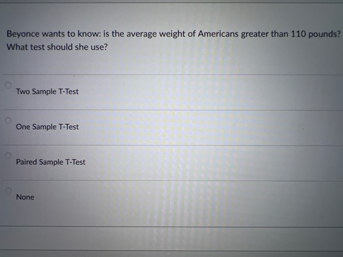 Beyonce wants to know: is the average weight of Americans greater than 110 pounds?
What test should she use?
Two Sample T-Test
One Sample T-Test
Paired Sample T-Test
None