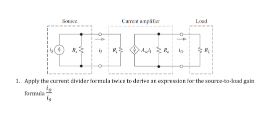Source
formula 1
Current amplifier
Load
1. Apply the current divider formula twice to derive an expression for the source-to-load gain
to