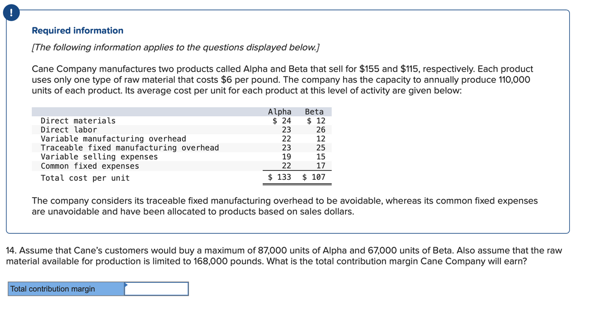 !
Required information
[The following information applies to the questions displayed below.]
Cane Company manufactures two products called Alpha and Beta that sell for $155 and $115, respectively. Each product
uses only one type of raw material that costs $6 per pound. The company has the capacity to annually produce 110,000
units of each product. Its average cost per unit for each product at this level of activity are given below:
Direct materials
Direct labor
Variable manufacturing overhead
Traceable fixed manufacturing overhead
Variable selling expenses
Common fixed expenses
Total cost per unit
Alpha
$ 24
23
Beta
$12
Total contribution margin
26
12
22
23
25
19
15
22
17
$ 133 $ 107
The company considers its traceable fixed manufacturing overhead to be avoidable, whereas its common fixed expenses
are unavoidable and have been allocated to products based on sales dollars.
14. Assume that Cane's customers would buy a maximum of 87,000 units of Alpha and 67,000 units of Beta. Also assume that the raw
material available for production is limited to 168,000 pound What is the total contribution margin Cane Company will earn?