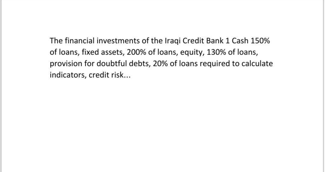 The financial investments of the Iragi Credit Bank 1 Cash 150%
of loans, fixed assets, 200% of loans, equity, 130% of loans,
provision for doubtful debts, 20% of loans required to calculate
indicators, credit risk...
