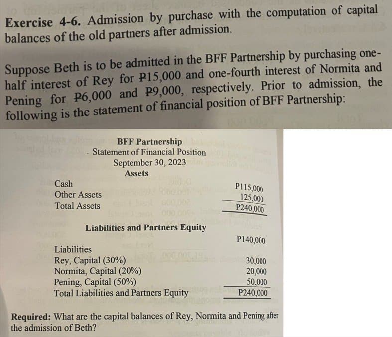 Exercise 4-6. Admission by purchase with the computation of capital
balances of the old partners after admission.
Suppose Beth is to be admitted in the BFF Partnership by purchasing one-
half interest of Rey for P15,000 and one-fourth interest of Normita and
Pening for P6,000 and P9,000, respectively. Prior to admission, the
following is the statement of financial position of BFF Partnership:
2003
BFF Partnership
Statement of Financial Position
September 30, 2023
Assets
Cash
Other Assets
Total Assets
Liabilities and Partners Equity
Liabilities
Rey, Capital (30%)
Normita, Capital (20%)
Pening, Capital (50%)
Total Liabilities and Partners Equity
000.000
P115,000
125,000
P240,000
P140,000
30,000
20,000
50,000
P240,000
Required: What are the capital balances of Rey, Normita and Pening after
the admission of Beth?