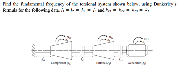 Find the fundamental frequency of the torsional system shown below, using Dunkerley's
formula for the following data. J₁ =J2 = J3 = Jo and k₁₁ = kt2 = k+3 = kt.
Ma
Mp
M12
Compressor (1)
Turbine (J₂)
Generator (3)