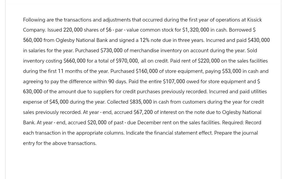 Following are the transactions and adjustments that occurred during the first year of operations at Kissick
Company. Issued 220,000 shares of $6 - par - value common stock for $1,320,000 in cash. Borrowed $
560,000 from Oglesby National Bank and signed a 12% note due in three years. Incurred and paid $430,000
in salaries for the year. Purchased $730,000 of merchandise inventory on account during the year. Sold
inventory costing $660,000 for a total of $970, 000, all on credit. Paid rent of $220,000 on the sales facilities
during the first 11 months of the year. Purchased $160,000 of store equipment, paying $53,000 in cash and
agreeing to pay the difference within 90 days. Paid the entire $107,000 owed for store equipment and $
630,000 of the amount due to suppliers for credit purchases previously recorded. Incurred and paid utilities
expense of $45,000 during the year. Collected $835,000 in cash from customers during the year for credit
sales previously recorded. At year - end, accrued $67,200 of interest on the note due to Oglesby National
Bank. At year-end, accrued $20,000 of past - Dece rent on the sales facilities. Required: Record
each transaction in the appropriate columns. Indicate the financial statement effect. Prepare the journal
entry for the above transactions.