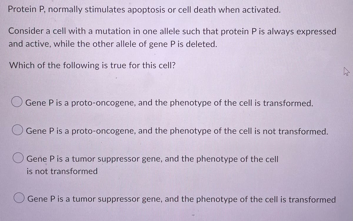 Protein P, normally stimulates apoptosis or cell death when activated.
Consider a cell with a mutation in one allele such that protein P is always expressed
and active, while the other allele of gene P is deleted.
Which of the following is true for this cell?
Gene P is a proto-oncogene, and the phenotype of the cell is transformed.
Gene P is a proto-oncogene, and the phenotype of the cell is not transformed.
Gene P is a tumor suppressor gene, and the phenotype of the cell
is not transformed
Gene P is a tumor suppressor gene, and the phenotype of the cell is transformed
로