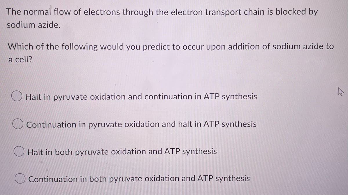 The normal flow of electrons through the electron transport chain is blocked by
sodium azide.
Which of the following would you predict to occur upon addition of sodium azide to
a cell?
Halt in pyruvate oxidation and continuation in ATP synthesis
Continuation in pyruvate oxidation and halt in ATP synthesis
Halt in both pyruvate oxidation and ATP synthesis
Continuation in both pyruvate oxidation and ATP synthesis