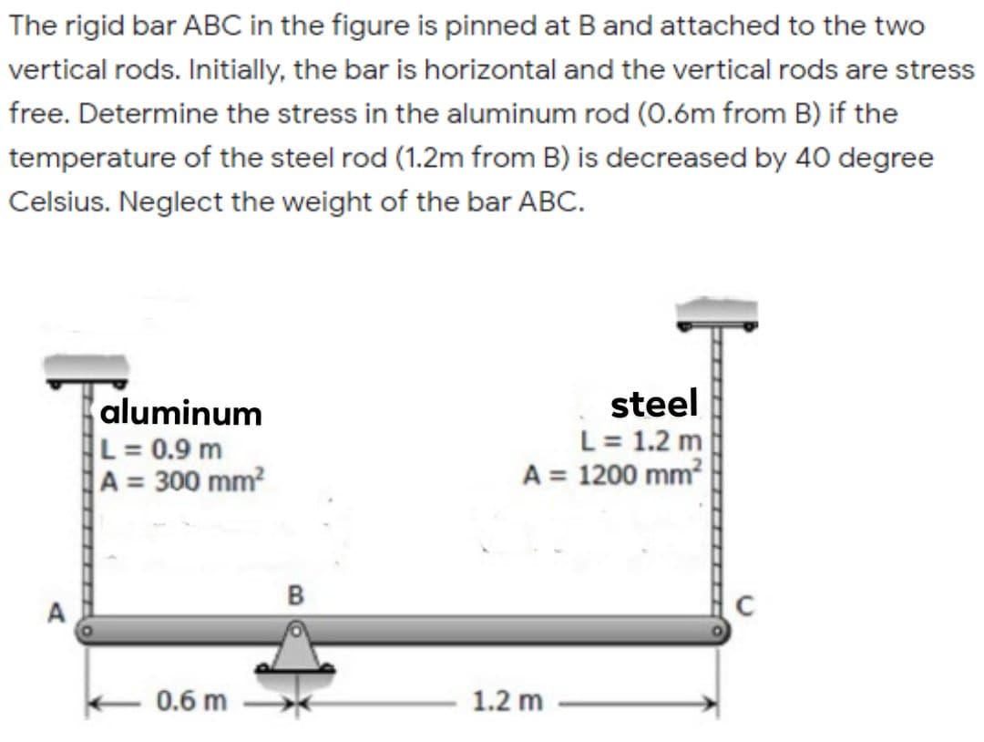 The rigid bar ABC in the figure is pinned at Band attached to the two
vertical rods. Initially, the bar is horizontal and the vertical rods are stress
free. Determine the stress in the aluminum rod (0.6m from B) if the
temperature of the steel rod (1.2m from B) is decreased by 40 degree
Celsius. Neglect the weight of the bar ABC.
steel
aluminum
L= 0.9 m
A = 300 mm?
L= 1.2 m
A = 1200 mm?
B
A
0.6 m
1.2 m
