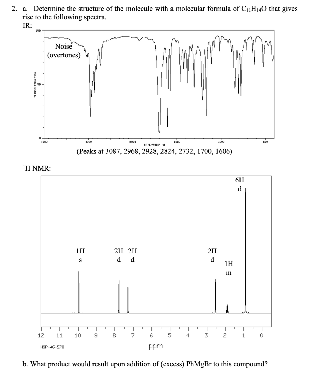 2. a. Determine the structure of the molecule with a molecular formula of C₁1H₁40 that gives
rise to the following spectra.
IR:
LOD
TRANSMITTANCEI
D
Noise
(overtones)
4000
¹H NMR:
12
11
HSP-46-578
1H
S
3000
10
HAVENUMBERI-11
(Peaks at 3087, 2968, 2928, 2824, 2732, 1700, 1606)
9
2000
2H 2H
d d
8
7
1500
5
4
2H
d
T
1000
3
1H
m
2
6H
d
1
500
6
ppm
b. What product would result upon addition of (excess) PhMgBr to this compound?
0