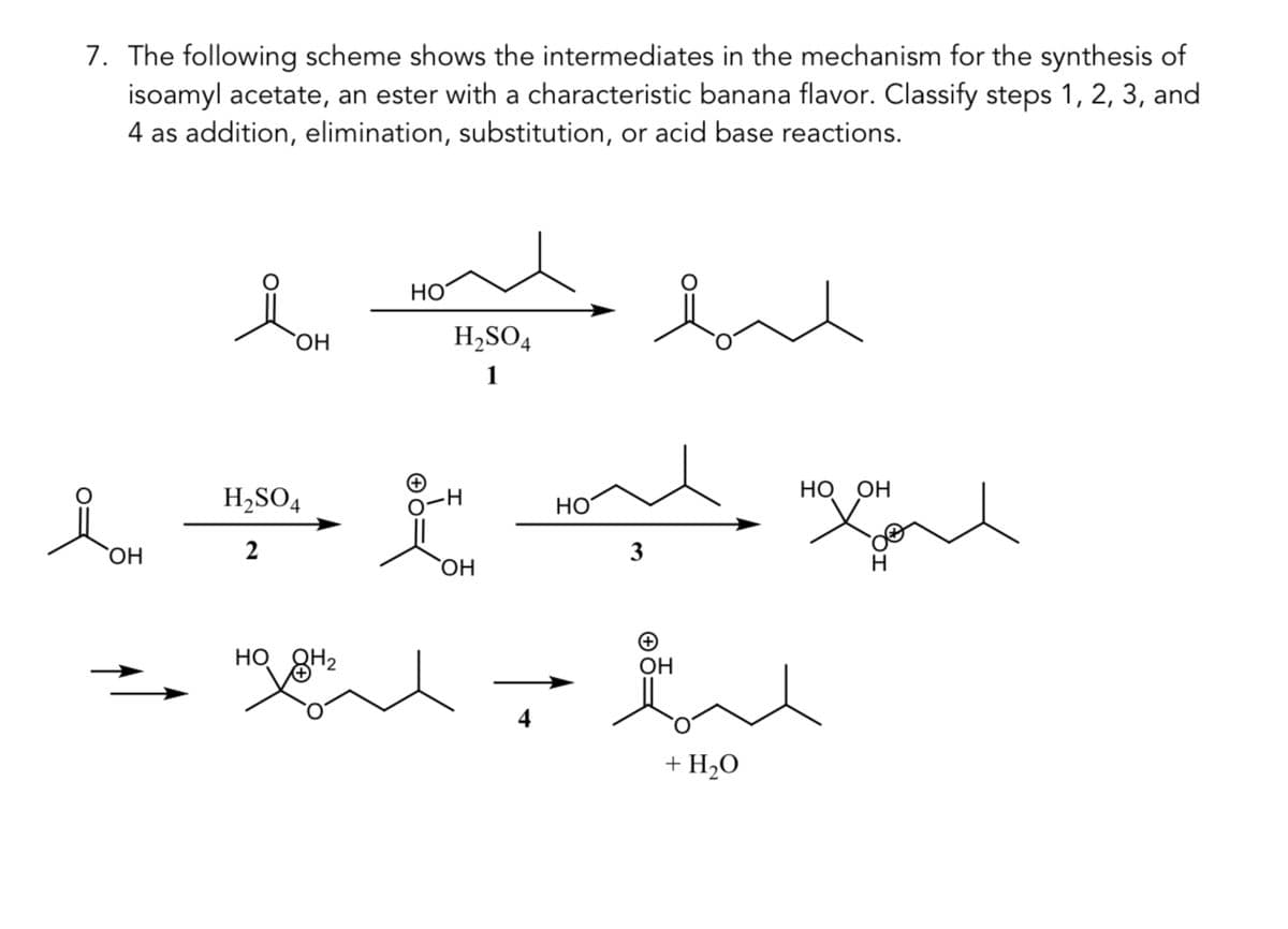 7. The following scheme shows the intermediates in the mechanism for the synthesis of
isoamyl acetate, an ester with a characteristic banana flavor. Classify steps 1, 2, 3, and
4 as addition, elimination, substitution, or acid base reactions.
lo
ОН
gor
H2SO4
2
HO
HO QH₂
H2SO4
1
.H
ОН
له عليه
ملا
4
HO
3
لیڈ جل
OH
HO OH
+ H2O
H