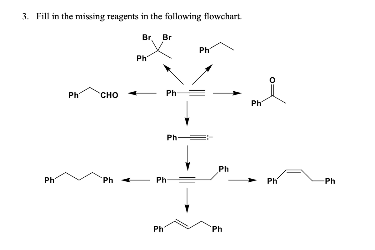 3. Fill in the missing reagents in the following flowchart.
Ph
Ph
CHO
Ph
Br. Br
Ph
Ph-
Ph
Ph
Ph
Ph
Ph
Ph
Ph
Ph
-Ph