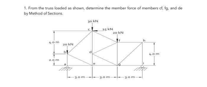 1. From the truss loaded as shown, determine the member force of members cf, fg, and de
by Method of Sections.
30 kN
3.0 m.
C
4.0 m
20 kN
#
b
2.0 m
1
15 kN
3.0 m
20 kN
3.0 m
h
4.0 m