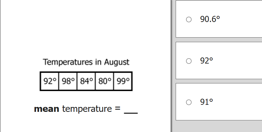 Temperatures in August
92° 98° 84° 80° 99°
mean temperature =
90.6°
O 92°
91⁰