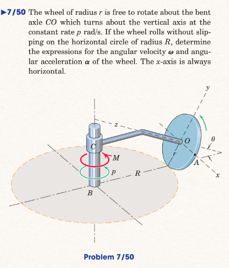 ▶7/50 The wheel of radius r is free to rotate about the bent
axle CO which turns about the vertical axis at the
constant rate p rad/s. If the wheel rolls without slip-
ping on the horizontal circle of radius R, determine
the expressions for the angular velocity w and angu-
lar acceleration a of the wheel. The x-axis is always
horizontal.
B
M
P
Problem 7/50
x