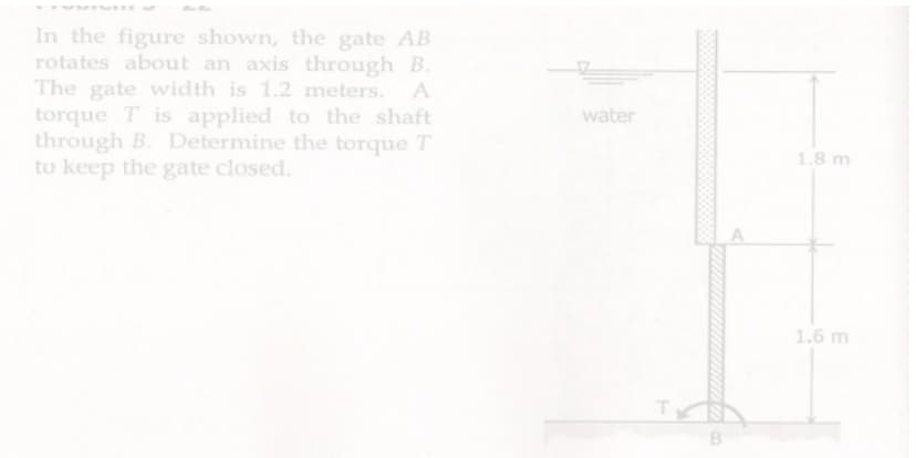 In the figure shown, the gate AB
rotates about an axis through B.
The gate width is 1.2 meters. A
torque T is applied to the shaft
through B. Determine the torque T
to keep the gate closed.
water
1.8 m
1.6 m
B
