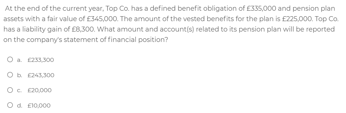 At the end of the current year, Top Co. has a defined benefit obligation of £335,000 and pension plan
assets with a fair value of £345,000. The amount of the vested benefits for the plan is £225,000. Top Co.
has a liability gain of £8,300. What amount and account(s) related to its pension plan will be reported
on the company's statement of financial position?
O a.
£233,300
O b. £243,300
Ос.
£20,000
d. £10,000

