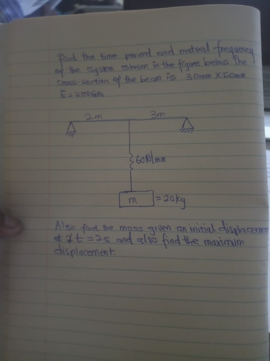 find the time period and natural
figure
of the system Sholon in the
Cross-section of the beam is 30mm X 60mm
E=200GPa
A
2m
3m
{60 N/mm
m
frequency
] =20kg
below the
Also find the mass given an initial displacemen
at &t=25 and also find the maximum
displacement.