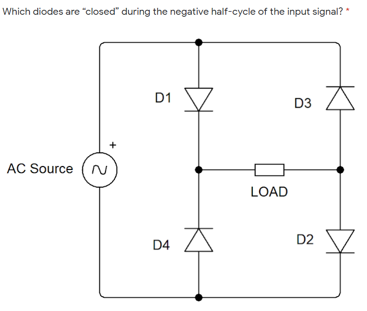 Which diodes are "closed" during the negative half-cycle of the input signal? *
D1
D3 A
+
AC Source
LOAD
D2
D4
