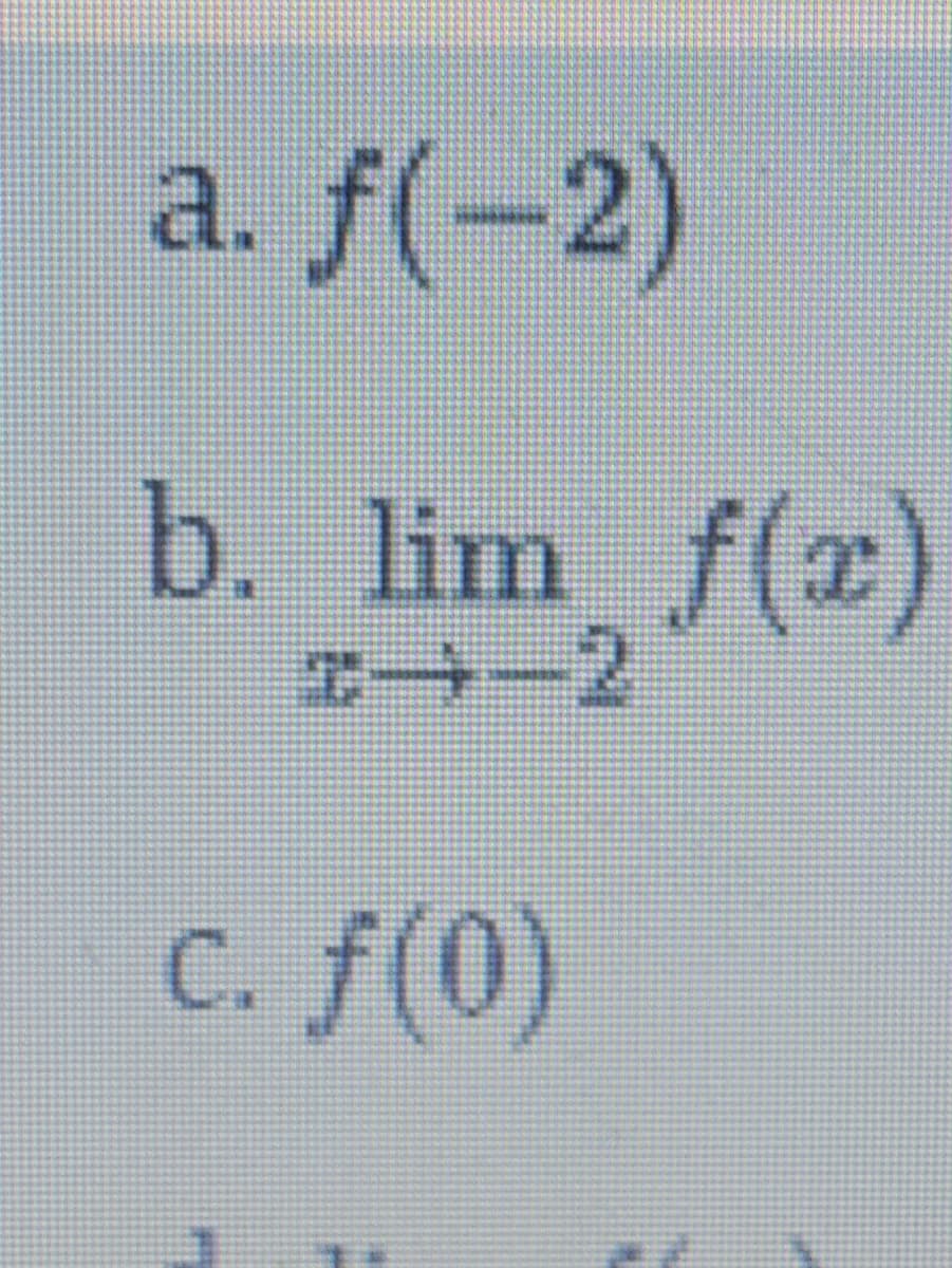 a. f(-2)
b. lim f(x)
2-2
c. f(0)